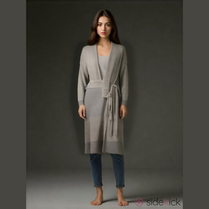 TAHARI Gray Striped Long CACHEMERE  Cardigan with Belt SIZE X LARGE